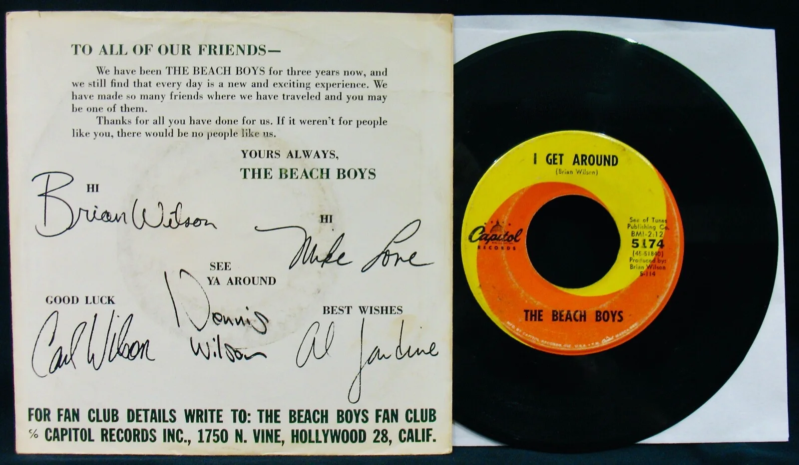 Brian Wilson, Mike Love — THE BEACH BOYS~Brian Wilson + Mike Love Signed I GET AROUND Picture Sleeve/45, image 2