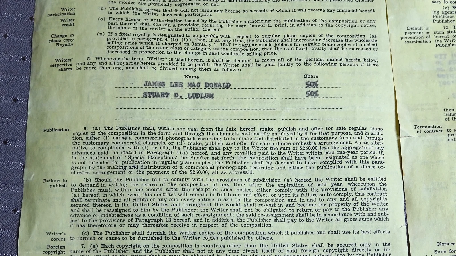 1958 Signed Contract WALT DISNEY MUSIC James A Johnson JamesMacDonald DISNEYLAND, изображение 2