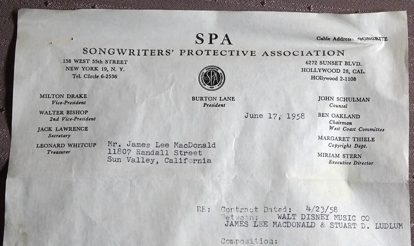 1958 Signed Contract WALT DISNEY MUSIC James A Johnson JamesMacDonald DISNEYLAND, изображение 4