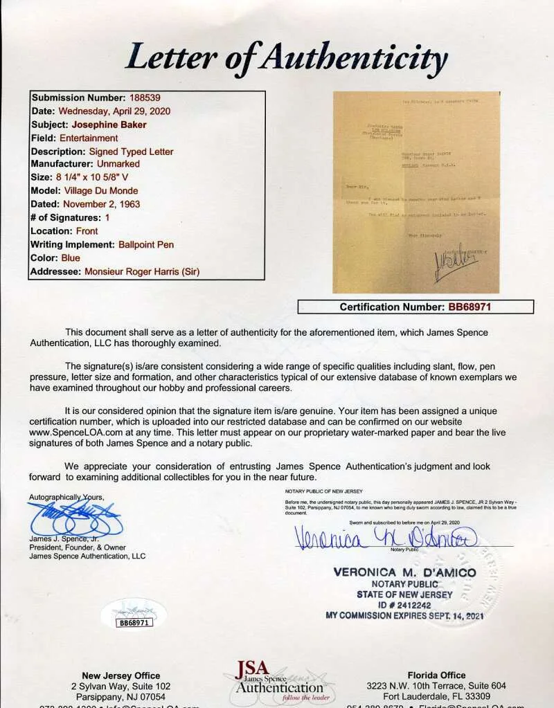 Josephine Baker — Josephine Baker JSA Coa Signed 1963 Letter Autograph, image 2