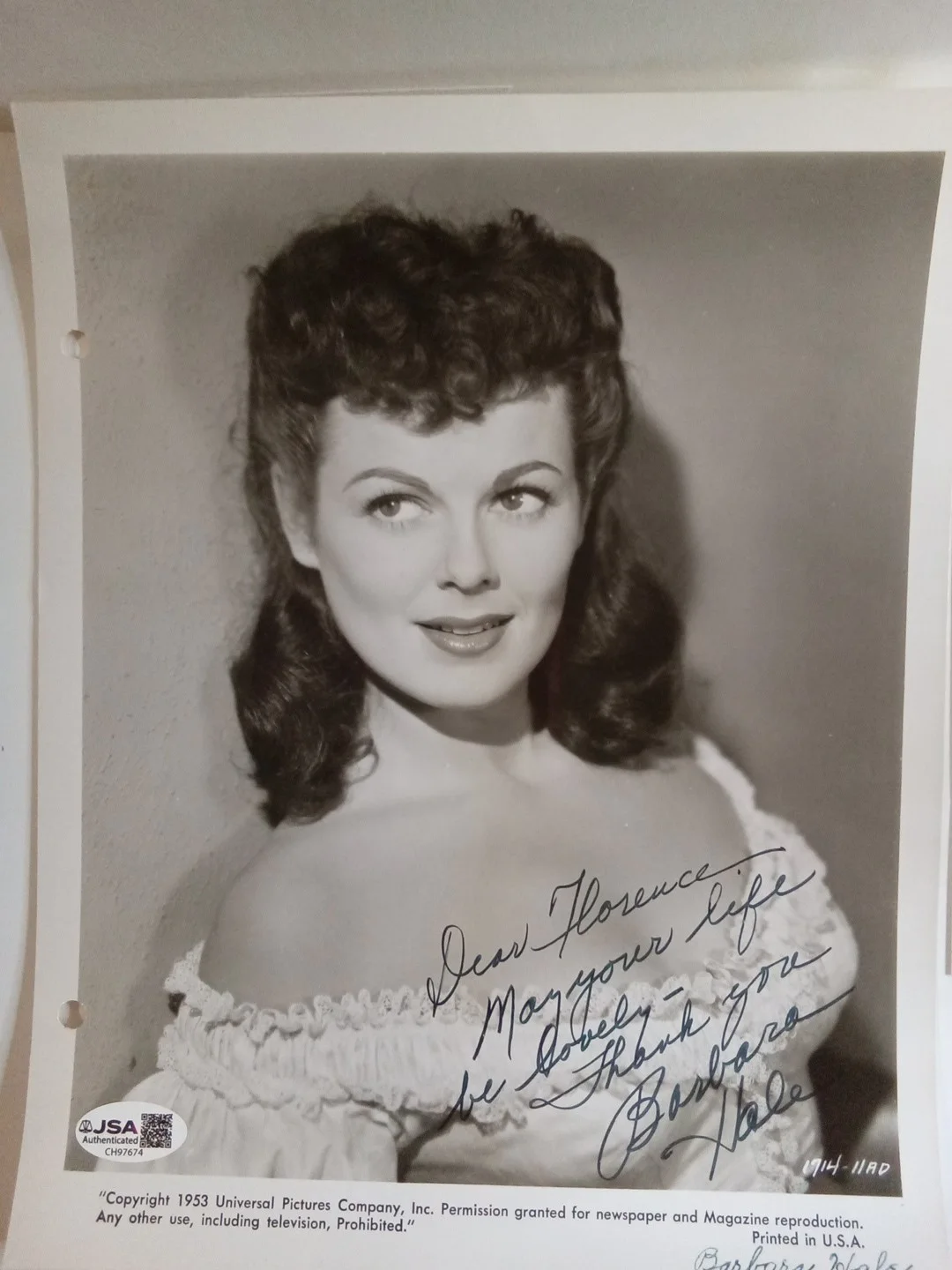 Barbara Hale Signed 8x10 Photo JSA- Perry Mason Della Street, изображение 2
