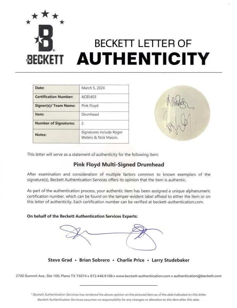 Nick Mason, Roger Waters — Nick Mason & Roger Waters Signed Autograph 14" Drumhead - Pink Floyd Beckett COA, изображение 2