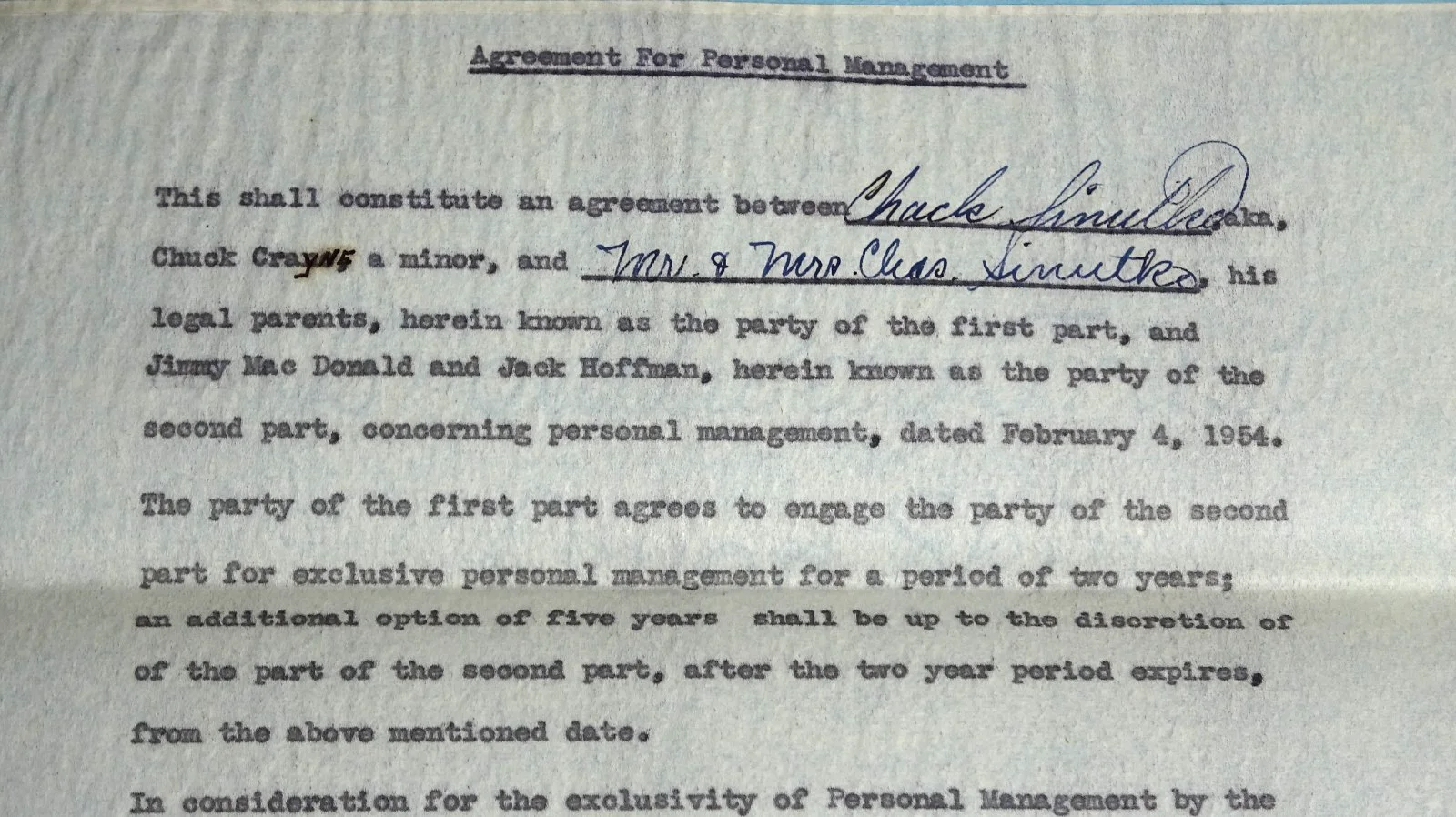 1954 Signed music Artist Management Contract For CHUCK CRAYNE Singer 1950's LA, изображение 3