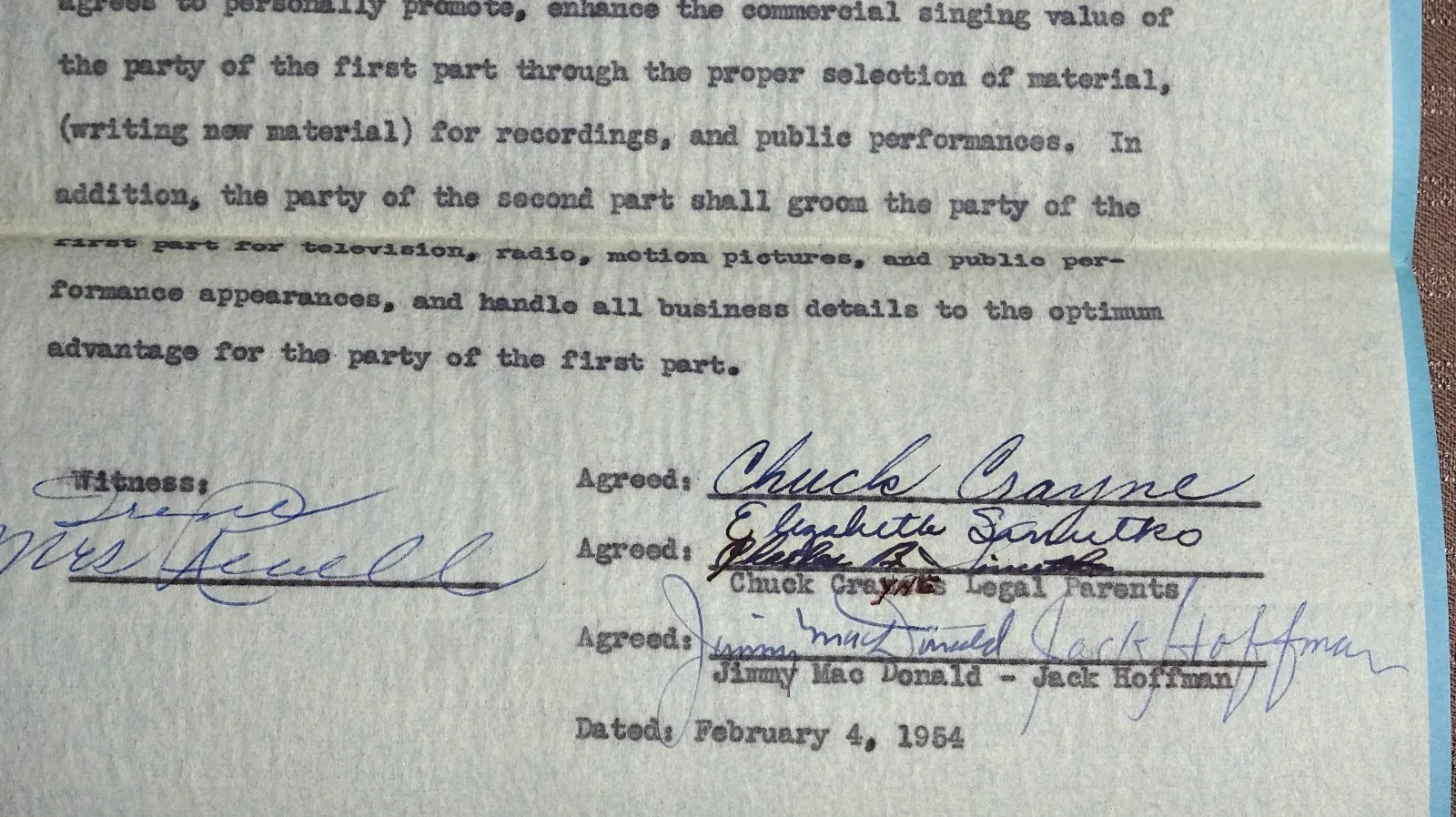 1954 Signed music Artist Management Contract For CHUCK CRAYNE Singer 1950's LA, изображение 5