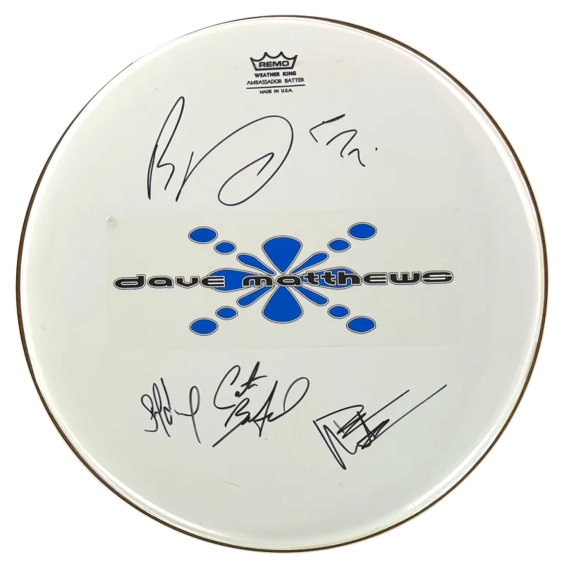 Carter Beauford, Stefan Lessard, Dave Matthews, LeRoi Moore, Boyd — Dave Matthews Band Signed Autograph Drumhead LeRoi Moore Dave Boyd ++ w/ JSA COA