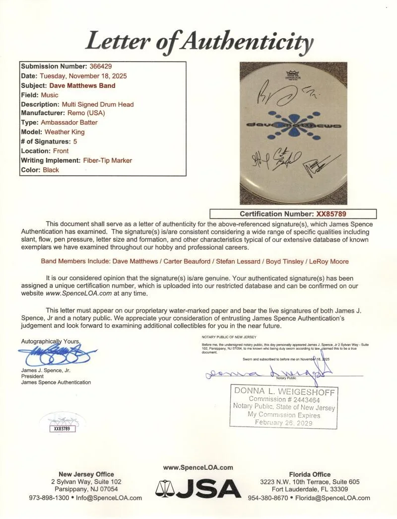 Carter Beauford, Stefan Lessard, Dave Matthews, LeRoi Moore, Boyd — Dave Matthews Band Signed Autograph Drumhead LeRoi Moore Dave Boyd ++ w/ JSA COA, изображение 2