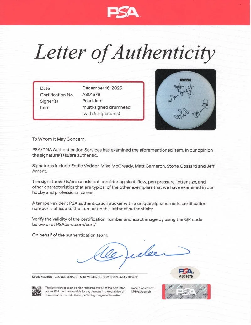 Jeff Ament, Matt Cameron, Stone Gossard, Mike McCready, Eddie Ved — Pearl Jam Band Signed Autograph Drumhead - Eddie Vedder Jeff Matt Stone Mike PSA, image 2