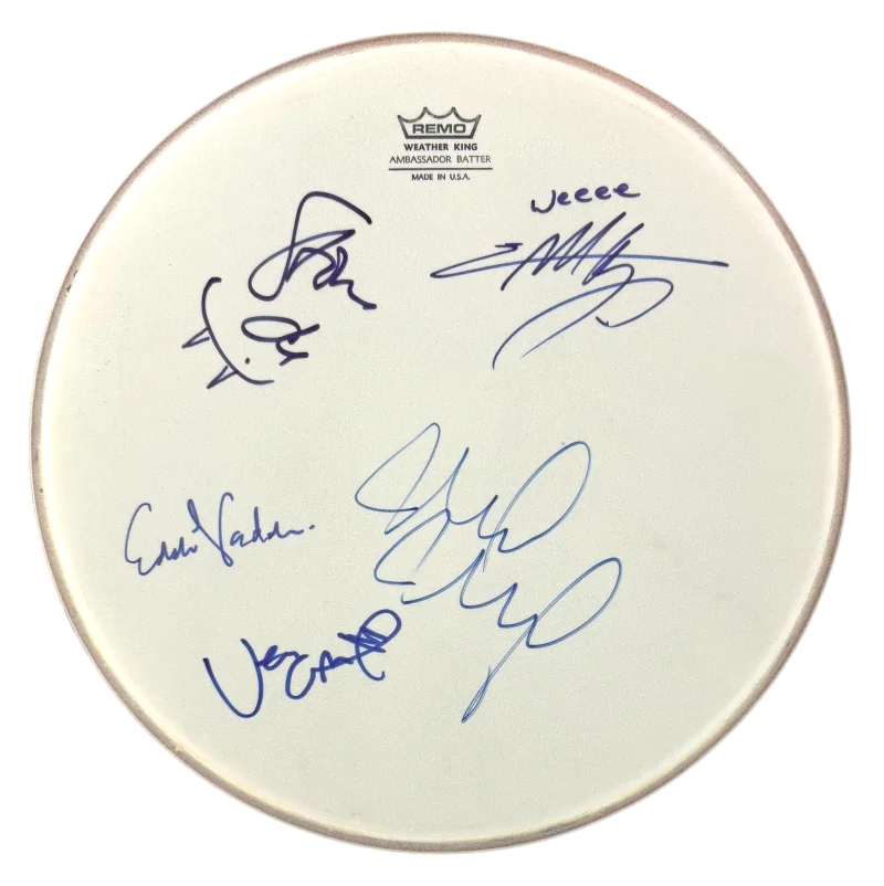 Dave Abbruzzese, Jeff Ament, Stone Gossard, Mike McCready, Eddie — Pearl Jam Signed Autograph 13" Drumhead - Eddie Vedder Jeff Stone Mike Dave JSA