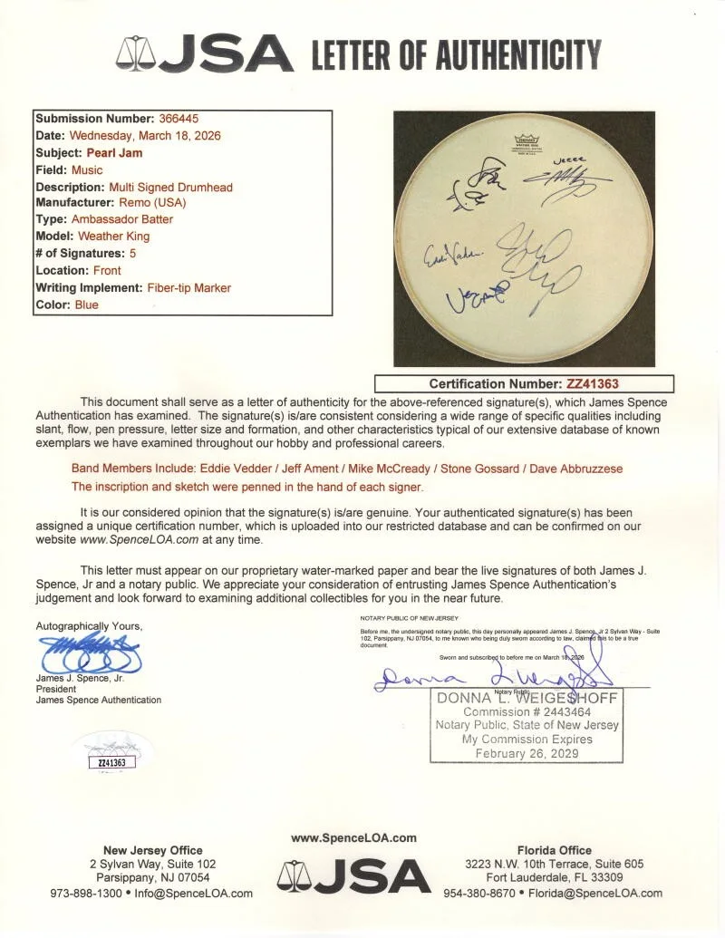 Dave Abbruzzese, Jeff Ament, Stone Gossard, Mike McCready, Eddie — Pearl Jam Signed Autograph 13" Drumhead - Eddie Vedder Jeff Stone Mike Dave JSA, изображение 2