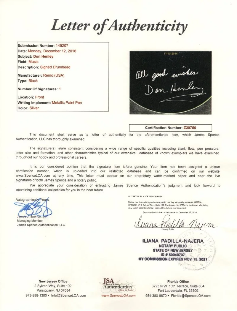 Don Henley — Don Henley Eagles Signed Autograph 12" Drumhead - Hotel California w/ JSA COA, изображение 2