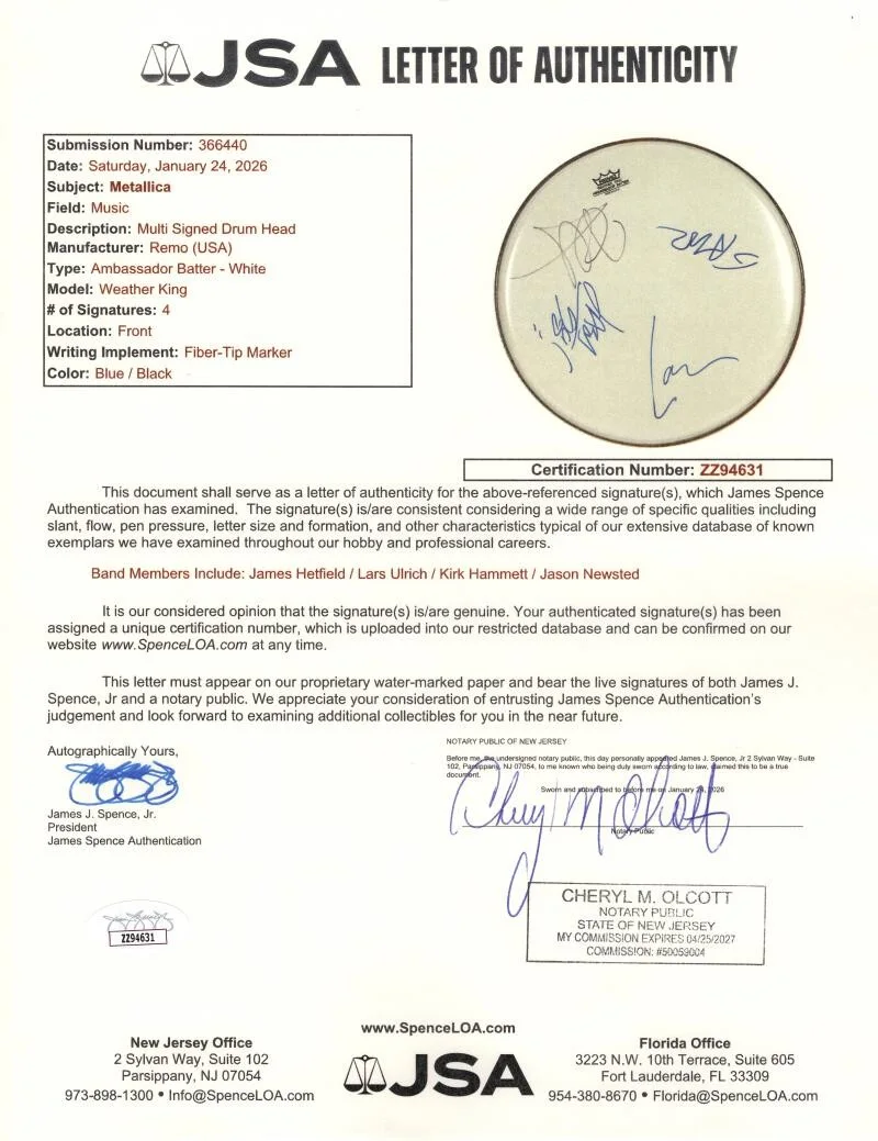 Kirk Hammett, James Hetfield, Jason Newsted, Lars Ulrich — Metallica Band Signed Autograph Drumhead James Hetfield Jason Newsted +2 JSA COA, изображение 2