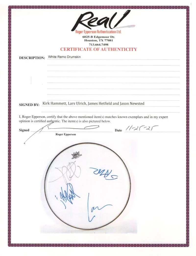 Kirk Hammett, James Hetfield, Jason Newsted, Lars Ulrich — Metallica Band Signed Autograph Drumhead James Hetfield Jason Newsted +2 JSA COA, изображение 3