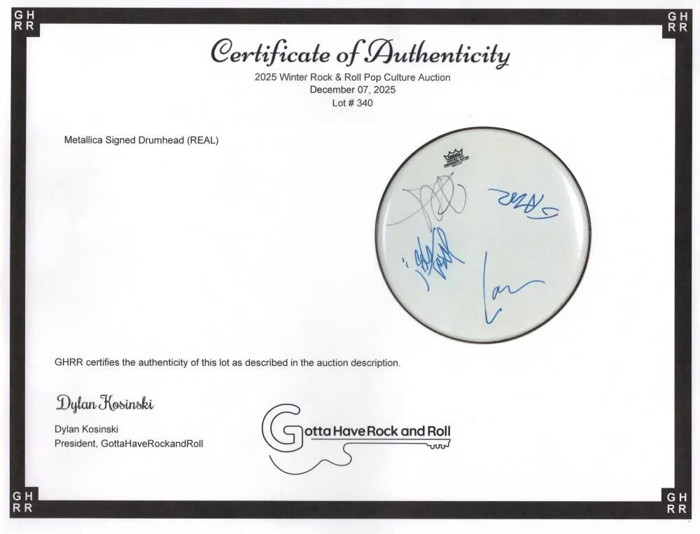 Kirk Hammett, James Hetfield, Jason Newsted, Lars Ulrich — Metallica Band Signed Autograph Drumhead James Hetfield Jason Newsted +2 JSA COA, изображение 4