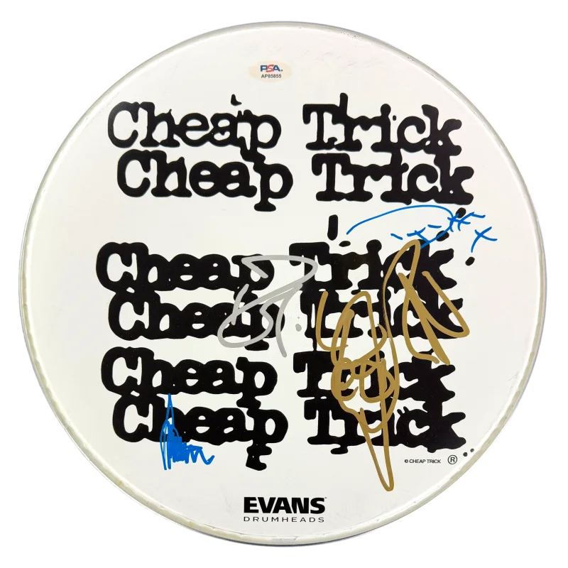 Bun E Carlos, Rick Nielsen, Tom Petersson, Robin Zander — Cheap Trick Full Band x4 Signed Autograph 12" Drumhead Drum Head Skin w/ PSA COA