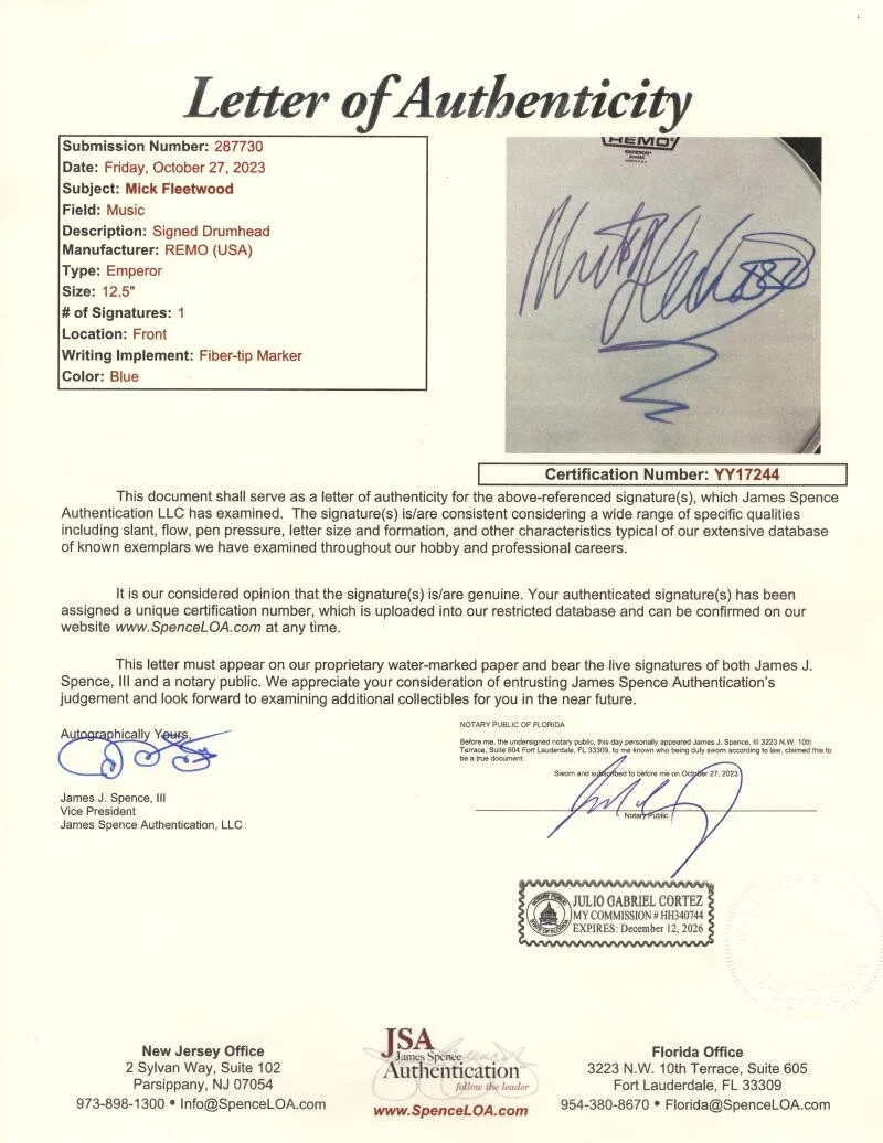 Mick Fleetwood — Mick Fleetwood Mac Signed Autograph 12" Drumhead Drum Head Skin w/ JSA COA, image 2