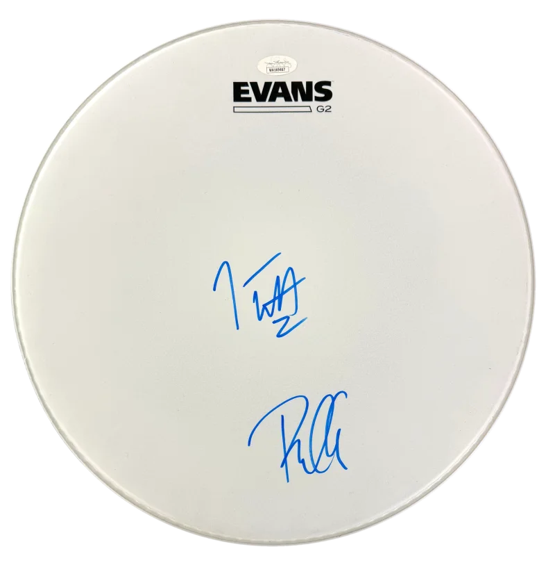 Phil Collen, Joe Elliott — Phil Collen & Joe Elliott Signed Autograph 13" Drumhead - Def Leppard w/ JSA COA