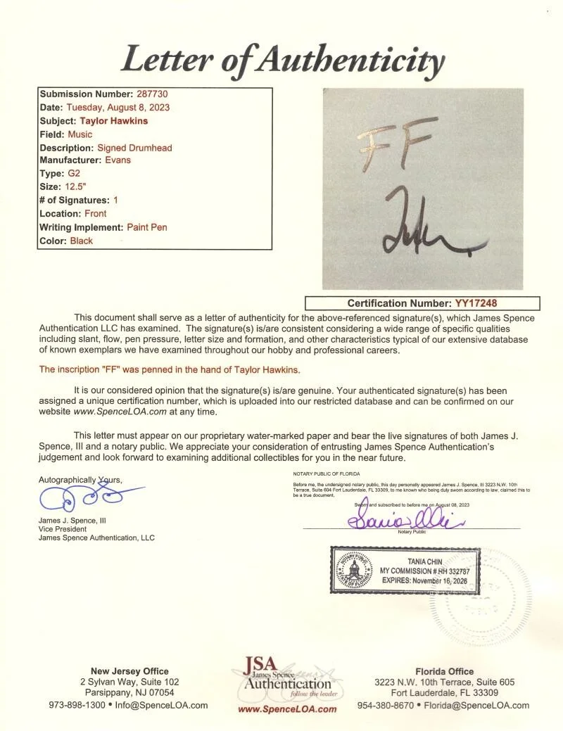 Taylor Hawkins — Taylor Hawkins Foo Fighters Signed Autograph 12" Drumhead Drum Head Skin JSA COA, image 2
