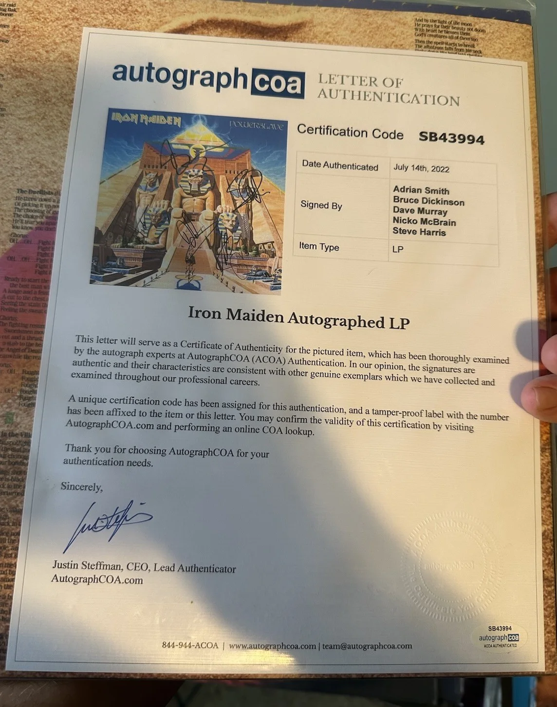 Iron Maiden Signed Powerslave Vinyl ACOA COA! Complete Full Band!, image 2