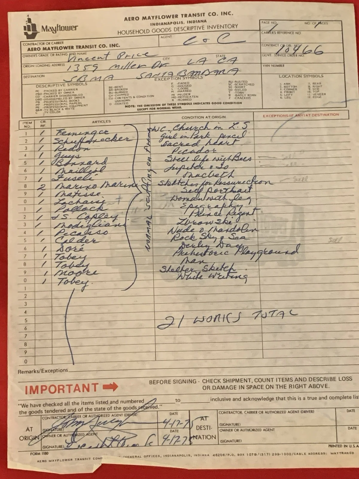 Vincent Price — Vincent Price Estate Artwork Shipping Manifest With Signature 14b