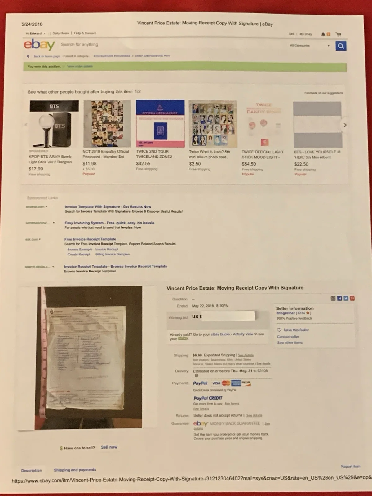 Vincent Price — Vincent Price Estate Artwork Shipping Manifest With Signature 14b, изображение 5