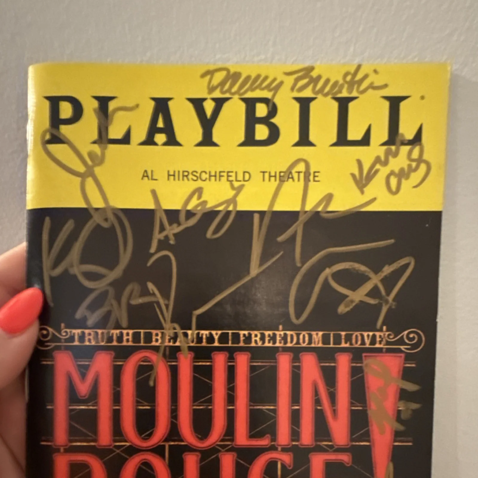 Danny Burstein, Karen Olivo, Aaron Tveit, Sahr Ngaujah, Tam Mutu — Moulin Rouge! Original Signed Playbill Al Hirschfeld Theatre… Aaron and Karen, изображение 2