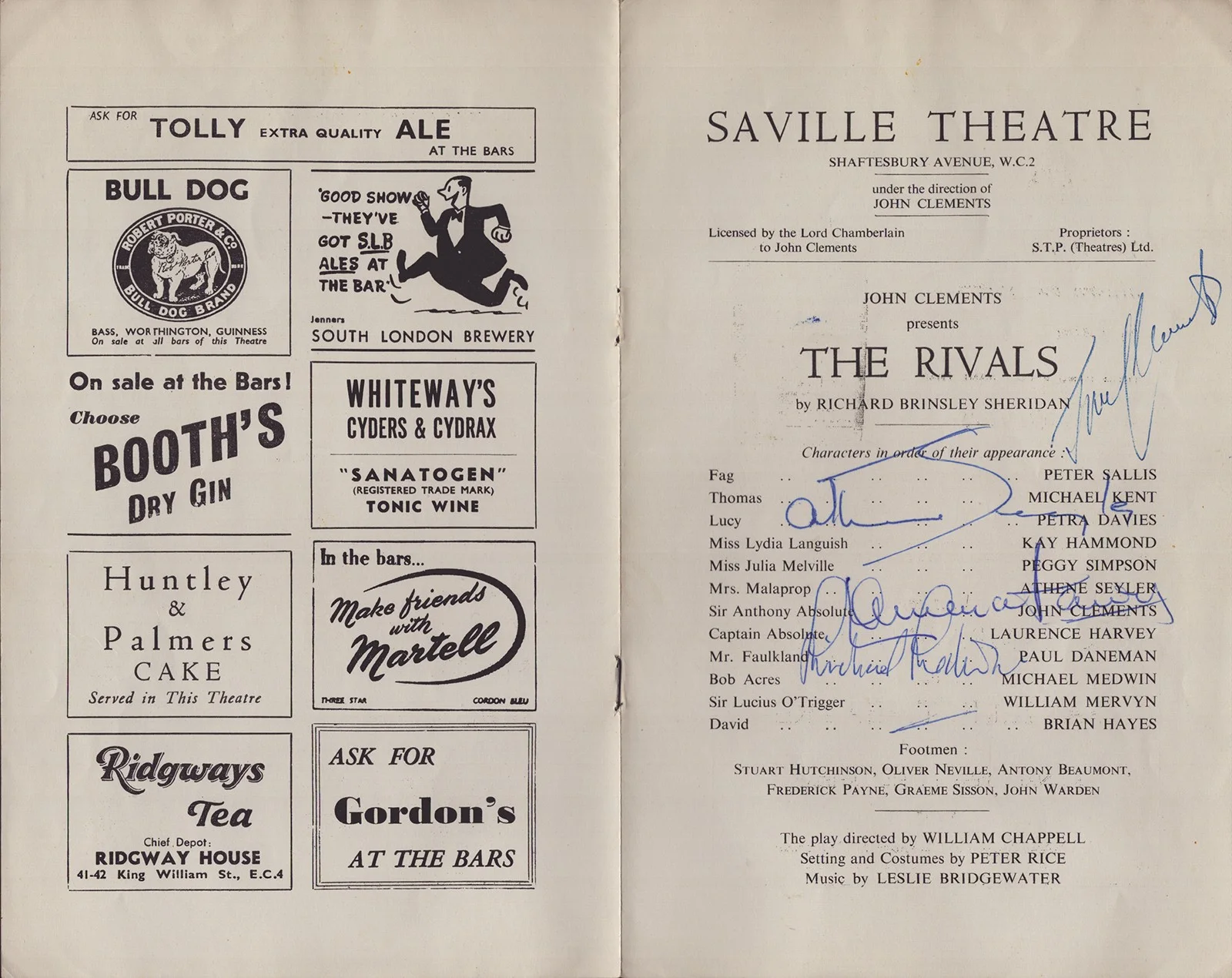 Laurence Harvey, Michael Medwin, Athene Seyler — THE RIVALS PLAY CAST - SHOW BILL SIGNED WITH CO-SIGNERS