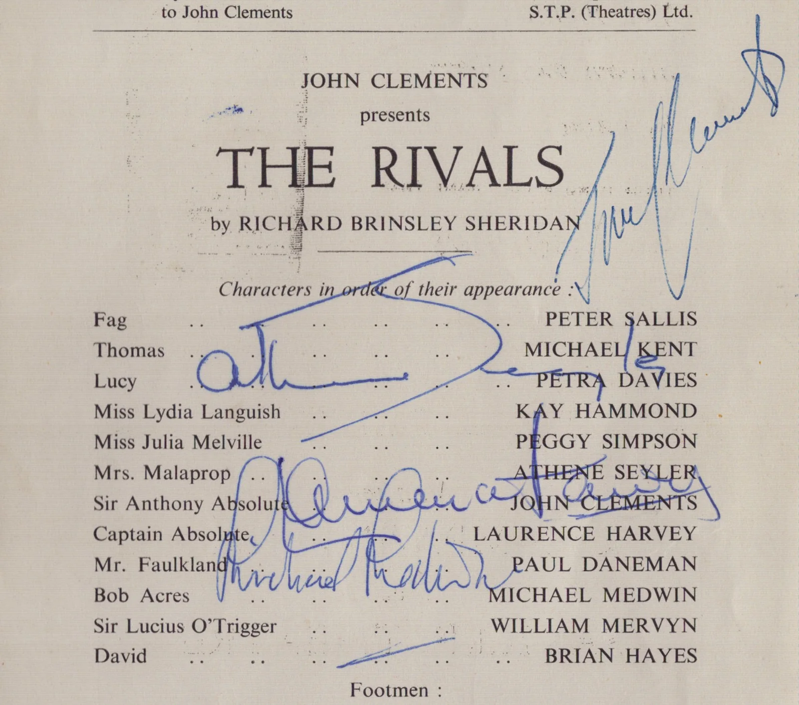 Laurence Harvey, Michael Medwin, Athene Seyler — THE RIVALS PLAY CAST - SHOW BILL SIGNED WITH CO-SIGNERS, изображение 2