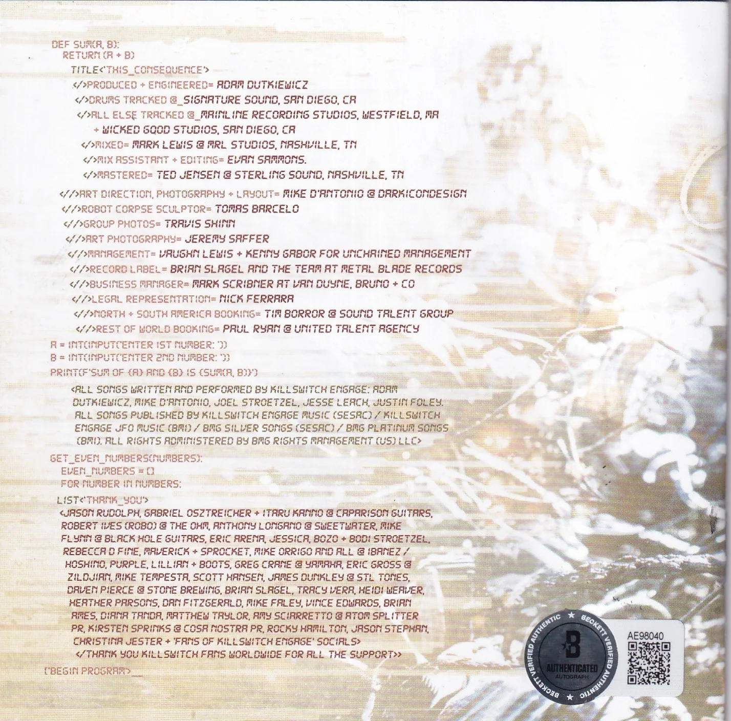 KILLSWITCH ENGAGE group signed (THE CONSEQUENCE) Cd Cover BECKETT BAS AE98040, image 2