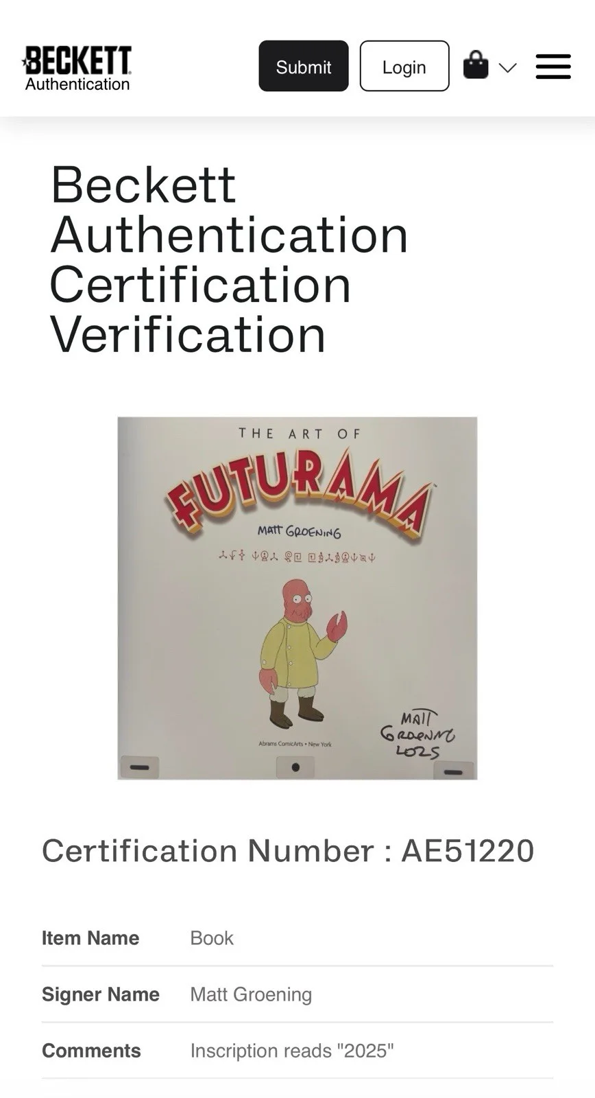 Matt Groening — Matt Groening Autograph Signed The Art of Futurama Book with Beckett COA, изображение 5