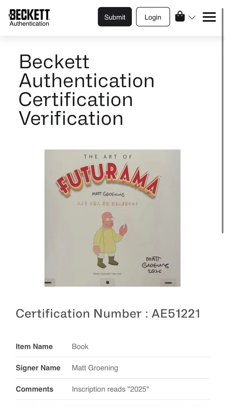 Matt Groening — Matt Groening Autograph Signed The Art of Futurama Book with Beckett COA, изображение 5