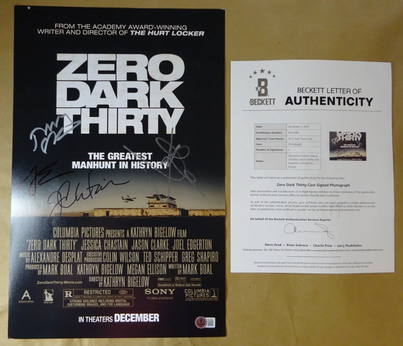 Jessica Chastain, Joel Edgerton, Jason Clarke, Jeremy Strong — Zero Dark Thirty Photo Signed By 4 Autographed 11"x17" Photo BAS COA LOA