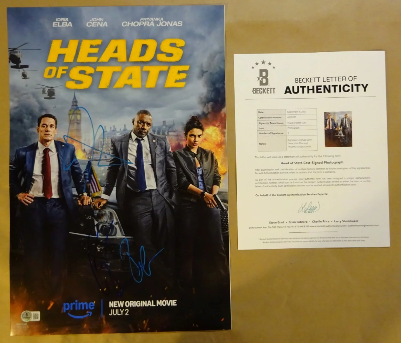 John Cena, Idris Elba, Priyanka Chopra — Heads Of State 12"x18" Signed by John Cena, Idris Elba, Priyanka Chopra BAS COA
