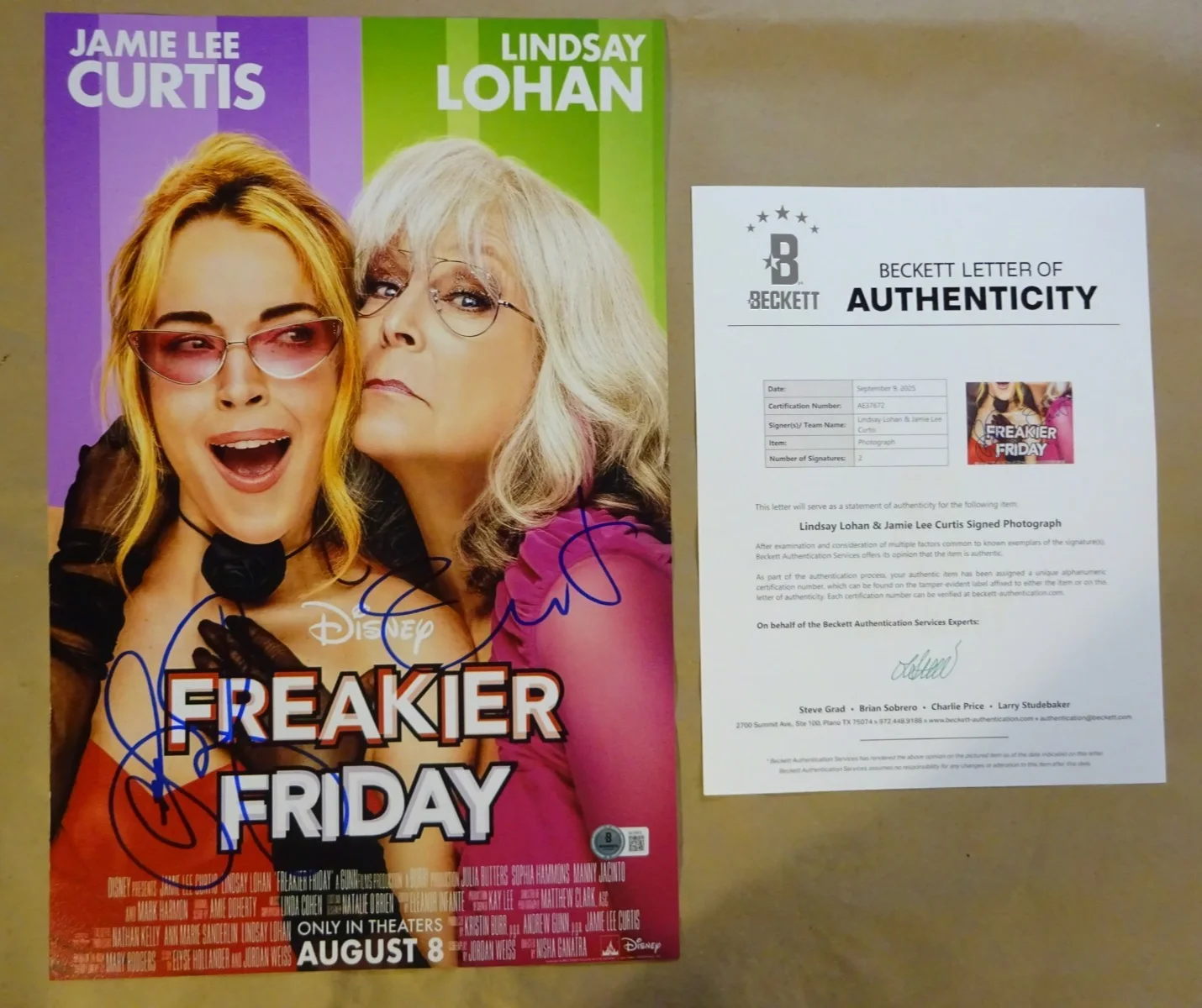 Jamie Lee Curtis & Lindsay Lohan — Freakier Friday 11"x17" Signed by Jamie Lee Curtis & Lindsay Lohan BAS COA LOA