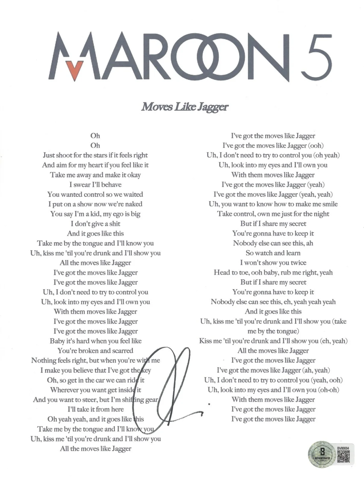ADAM LEVINE SIGNED MAROON 5 MOVES LIKE JAGGER LYRIC SHEET BECKETT BAS COA, изображение 2