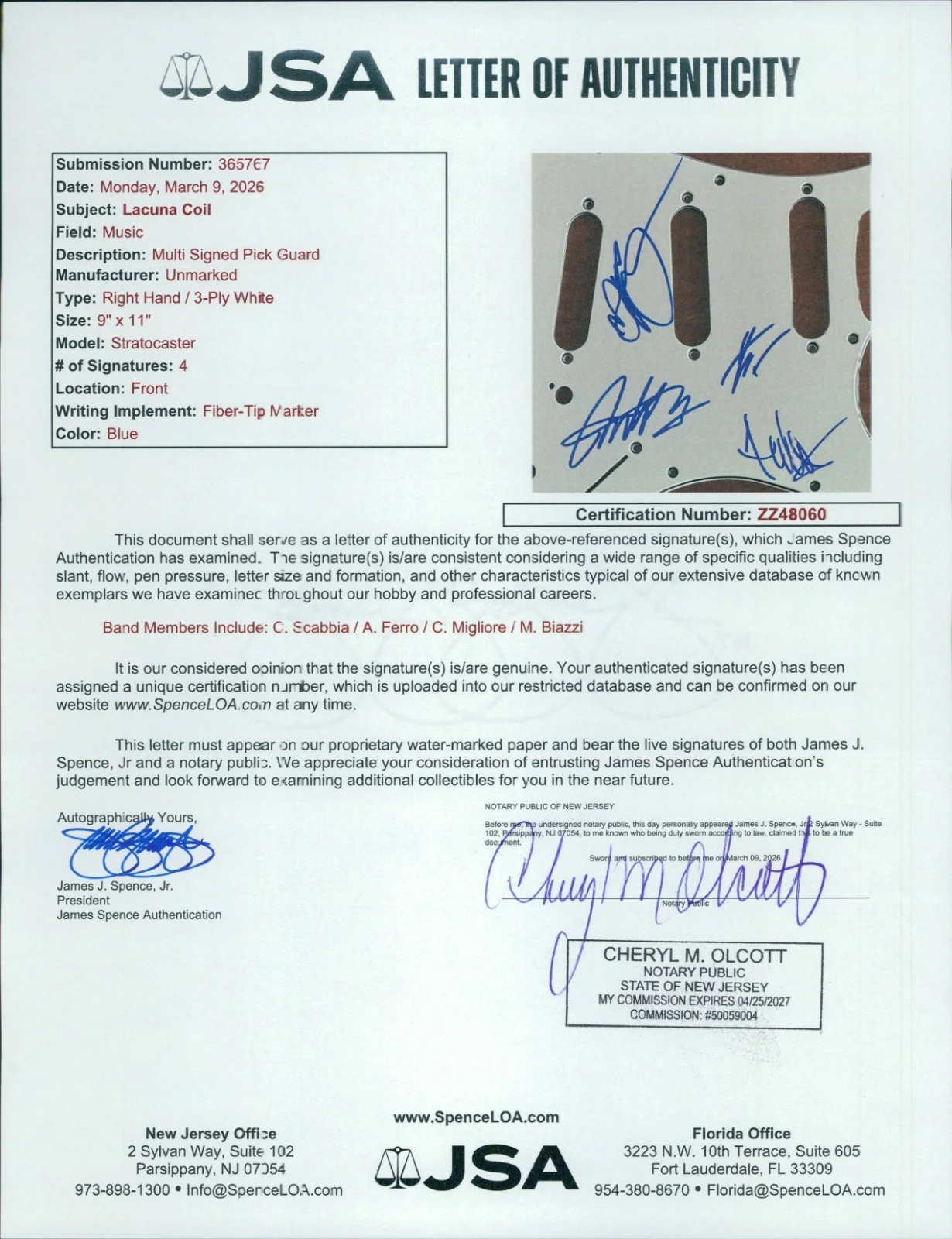 Lacuna Coil Band Signed Electric Guitar Pickguard JSA Authentic Cristina Scabbia, изображение 2