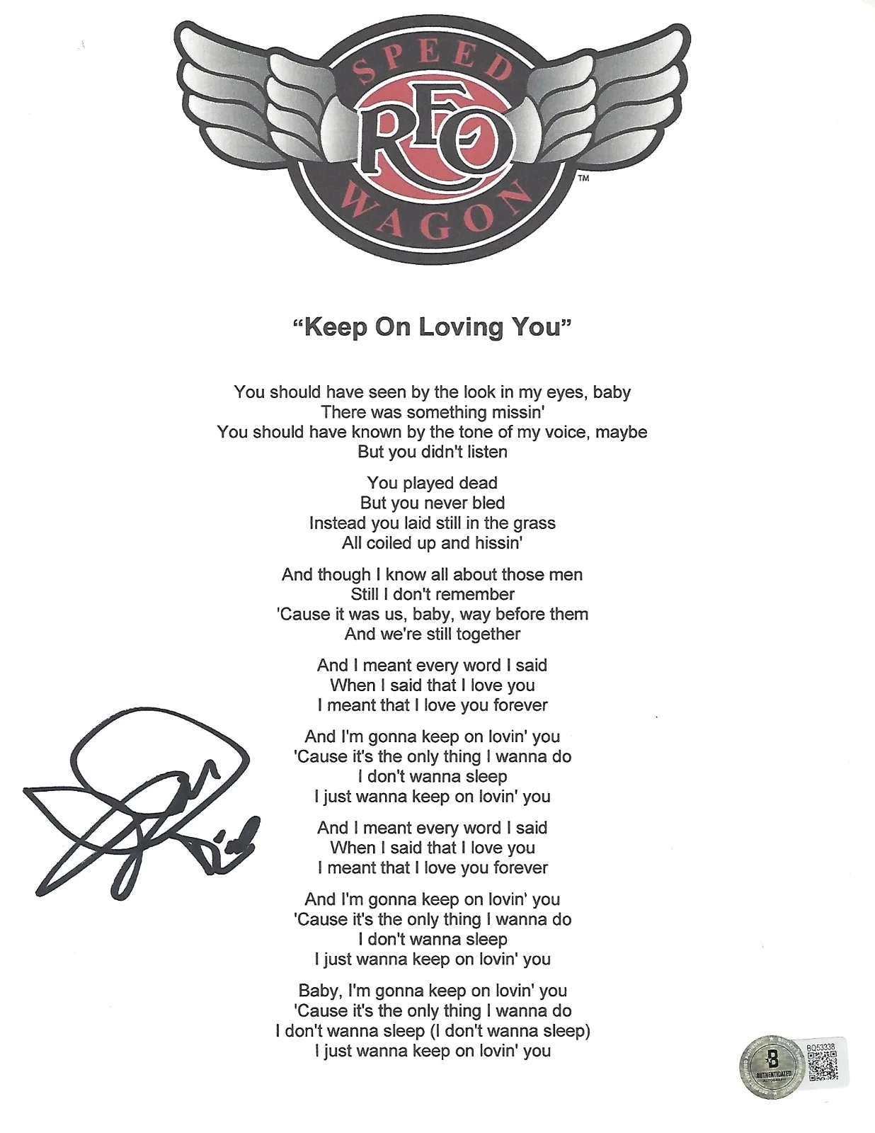 KEVIN CRONIN SIGNED REO SPEEDWAGON KEEP ON LOVING LYRIC SHEET BECKETT BAS COA, изображение 2