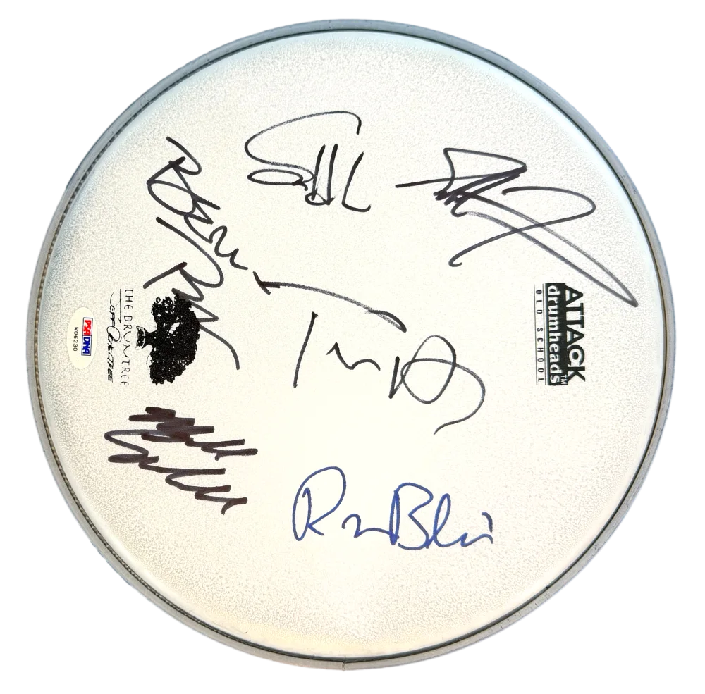 Ron Blair, Mike Campbell, Steve Ferrone, Tom Petty, Benmont Tench — Tom Petty and the Heartbreakers Full Band Signed Autograph Drumhead w/ PSA COA