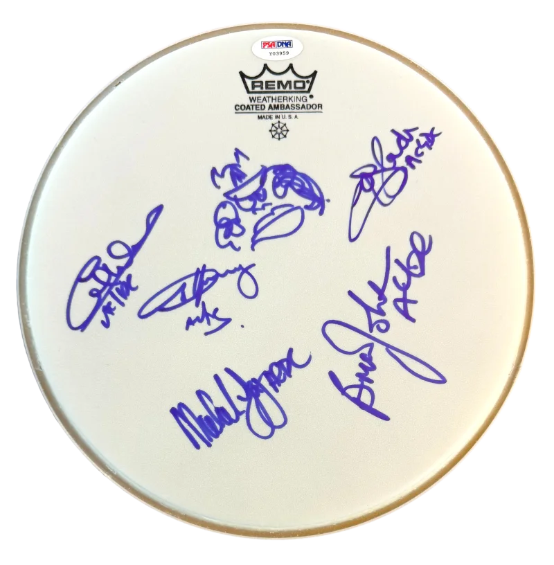 Brian Johnson, Chris Slade, Cliff Williams, Angus Young, Malcom Y — AC/DC Band Signed Autograph Drumhead - Angus Young Original Art Sketch PSA COA