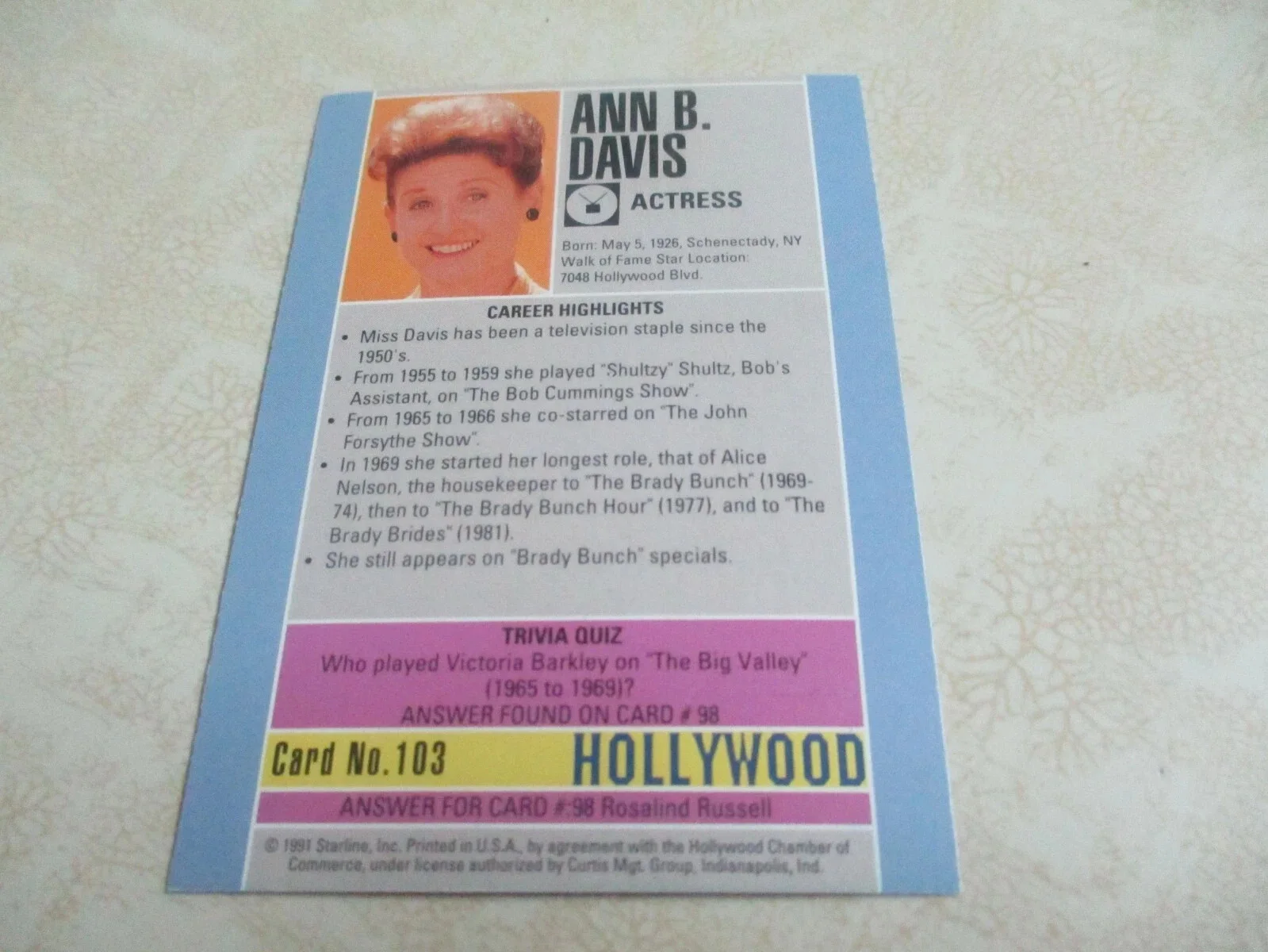 ANN B. DAVIS — ANN B. DAVIS (RIP) ALICE BRADY BUNCH AUTHENTIC SIGNED/AUTOGRAPHED HOLLYWOOD CARD, image 3