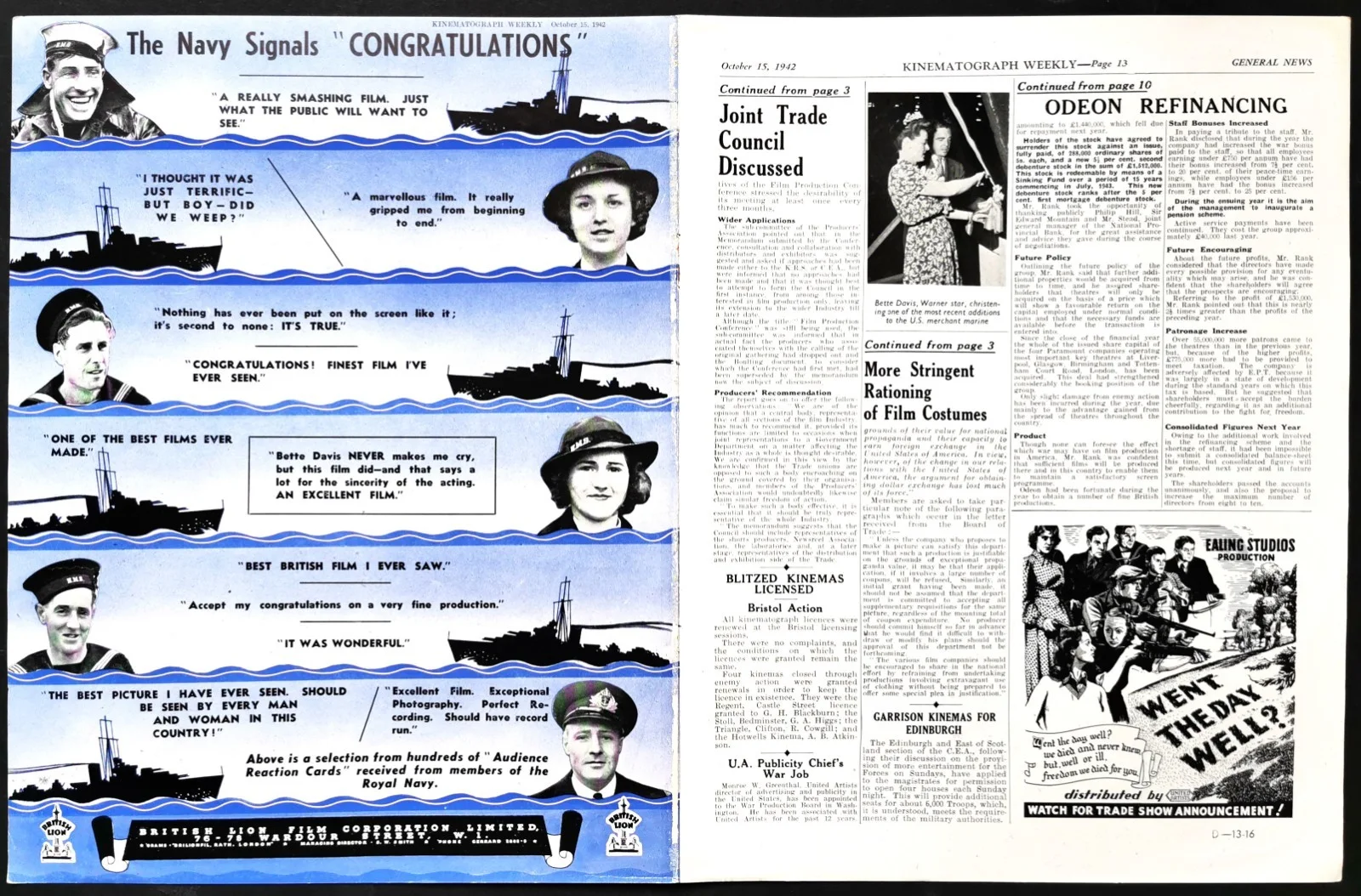 IN WHICH WE SERVE 1942 Noël Coward, John Mills, Bernard Miles TRADE ADVERT, изображение 2