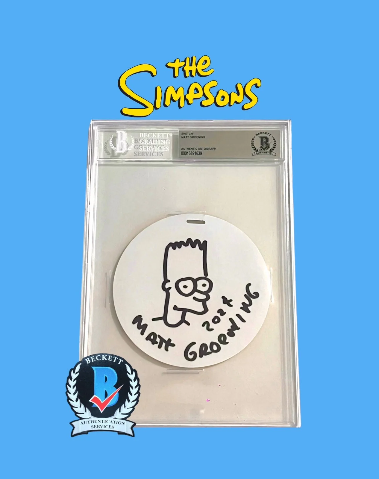 Matt Groening — MATT GROENING SIGNED THE SIMPSONS MOVIE FAN EVENT BADGE BART HAND SKETCH BECKETT, изображение 2