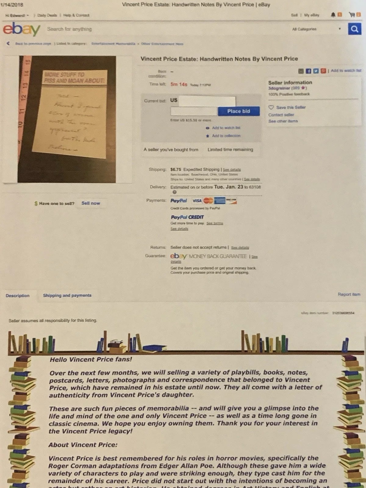 Vincent Price — Vincent Price Estate Handwritten Note about Furs Appraisal! 13c, image 2