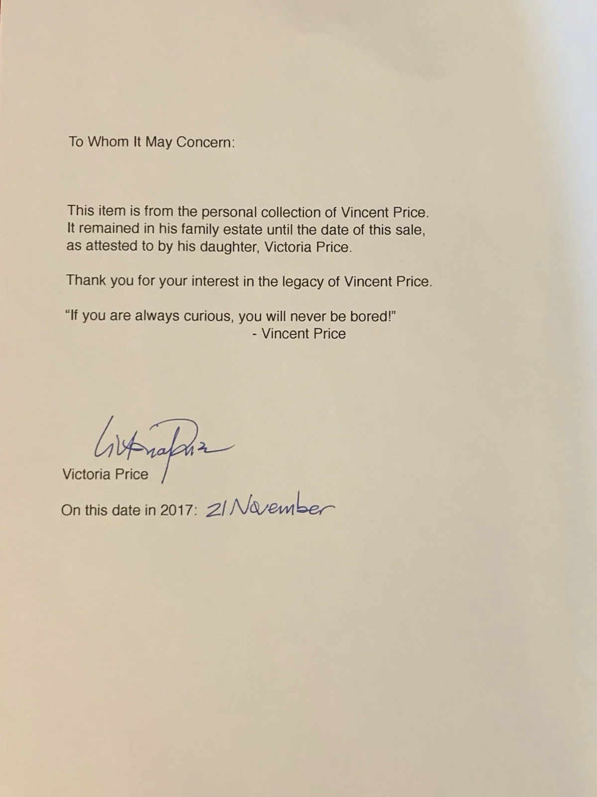 Vincent Price — Vincent Price Estate Handwritten Note about Furs Appraisal! 13c, image 3