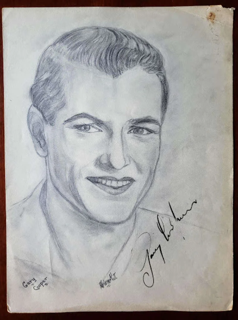 Gary Cooper — Gary Cooper PSA DNA Hand Signed 9x12 Original 30`s Hand Drawn Photo Autograph