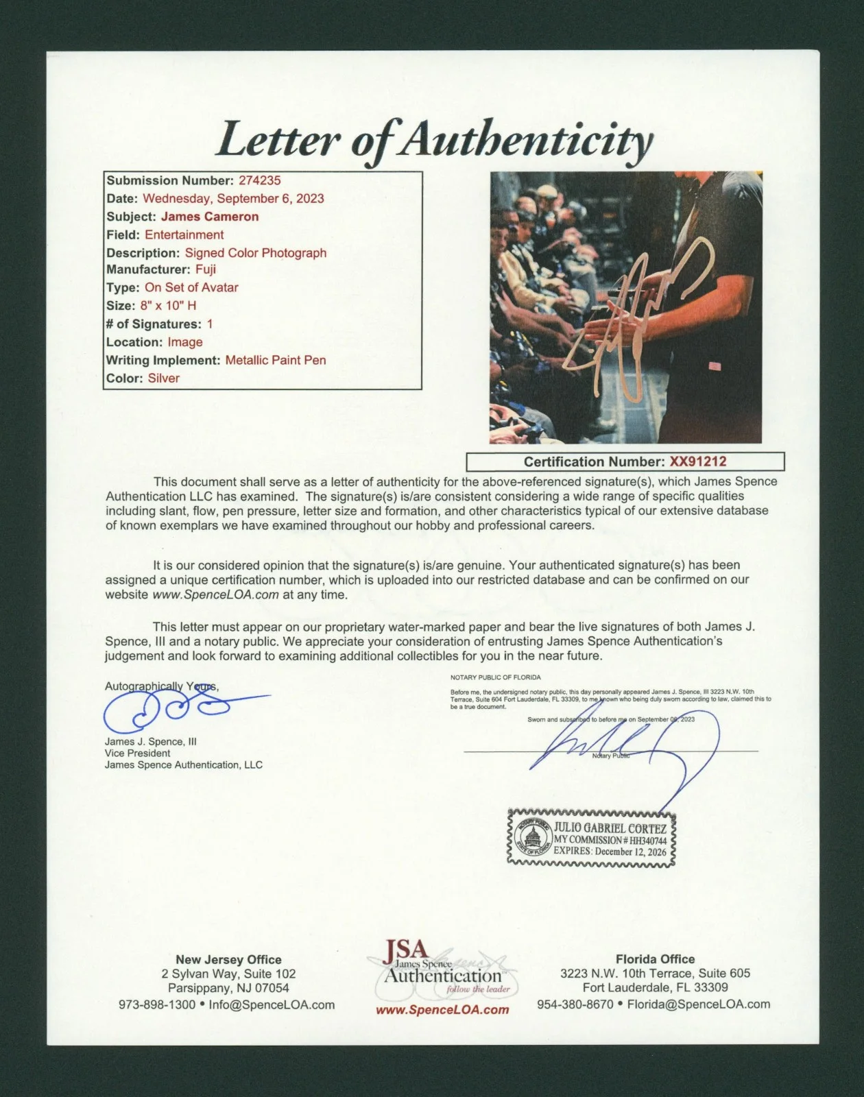 James Cameron — James Cameron Signed JSA LOA Autographed 8X10 Avatar Photo Autograph Auto COA, изображение 3