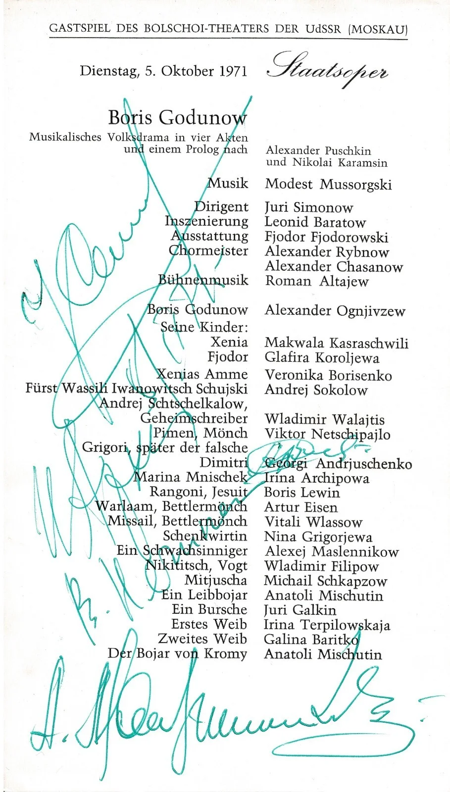 Autograph Lot BOLSHOI THEATER Vienna 1971 Boris Godunov Archipova Ognivtsev, изображение 2