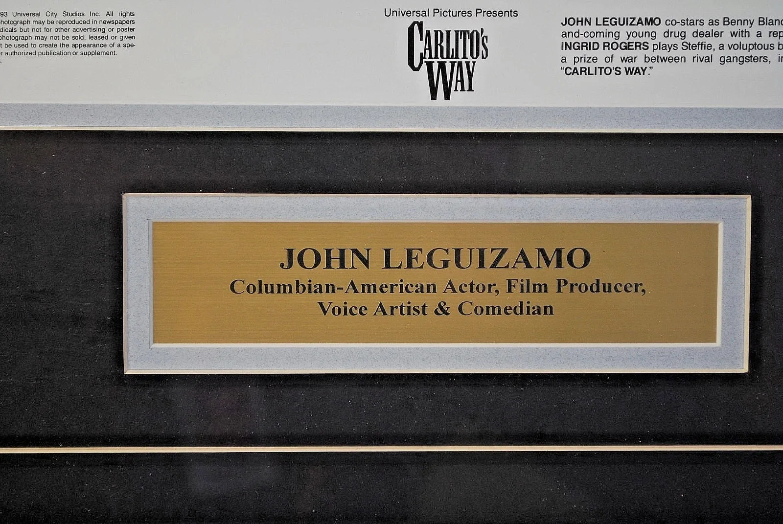 JOHN LEGUIZAMO — John Leguizamo Carltio's Way Framed Plaque Signed Picture - COA PAAS #12672, image 2
