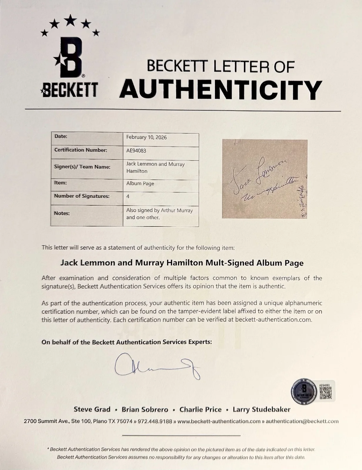 Murray Hamilton, Jack Lemmon, Arthur Murry, Kathryn Murray — MURRAY HAMILTON Signed Autograph 4"x 6" ALBUM PAGE JAWS JACK LEMMON BECKETT LOA, изображение 5