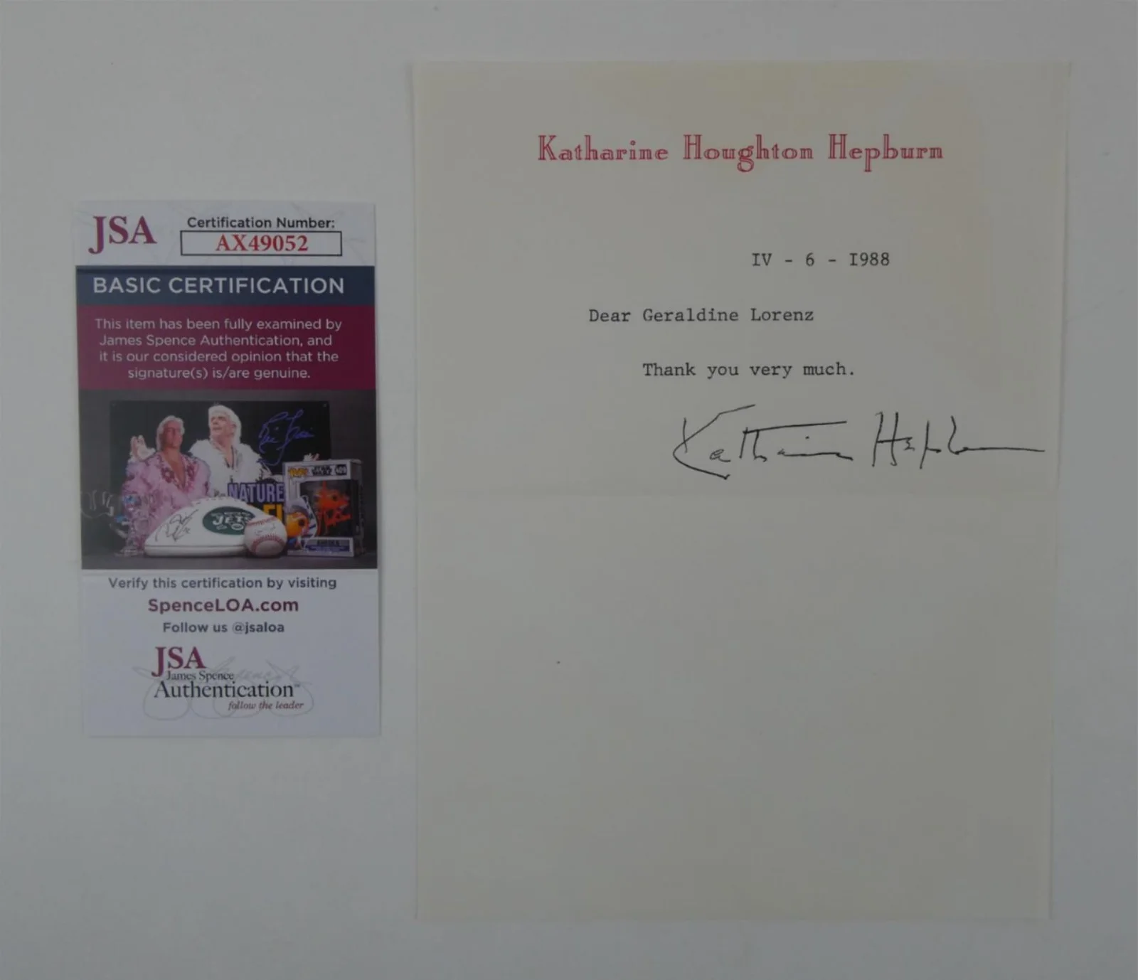 Katherine Hepburn — Katharine Hepburn Signed Typed Letter TLS Autographed 6x8 w/ Envelope, JSA COA