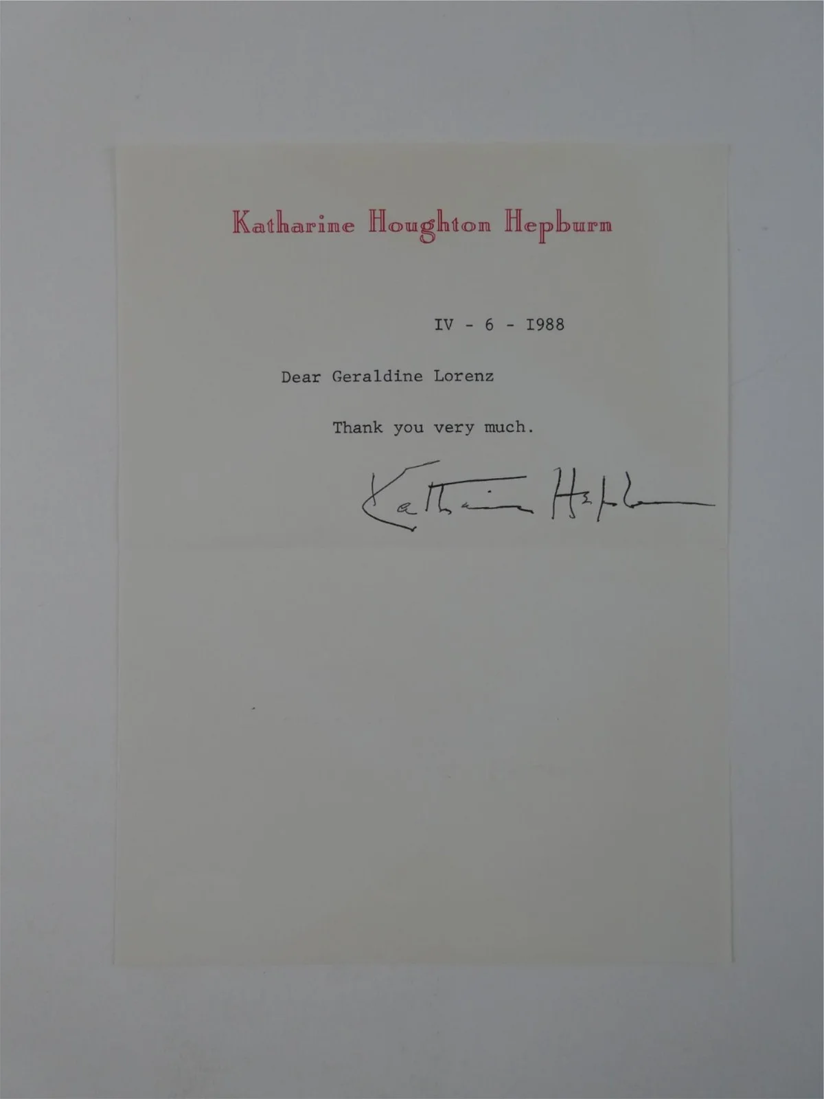 Katherine Hepburn — Katharine Hepburn Signed Typed Letter TLS Autographed 6x8 w/ Envelope, JSA COA, image 2